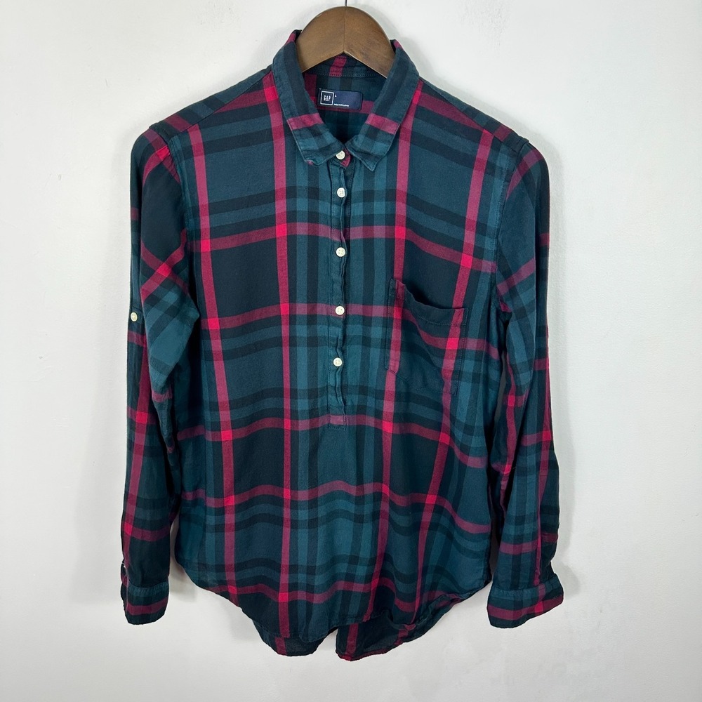GAP Plaid Popover Shirt L Green Red Cotton Lightweight Grunge‎ Indie Preppy
